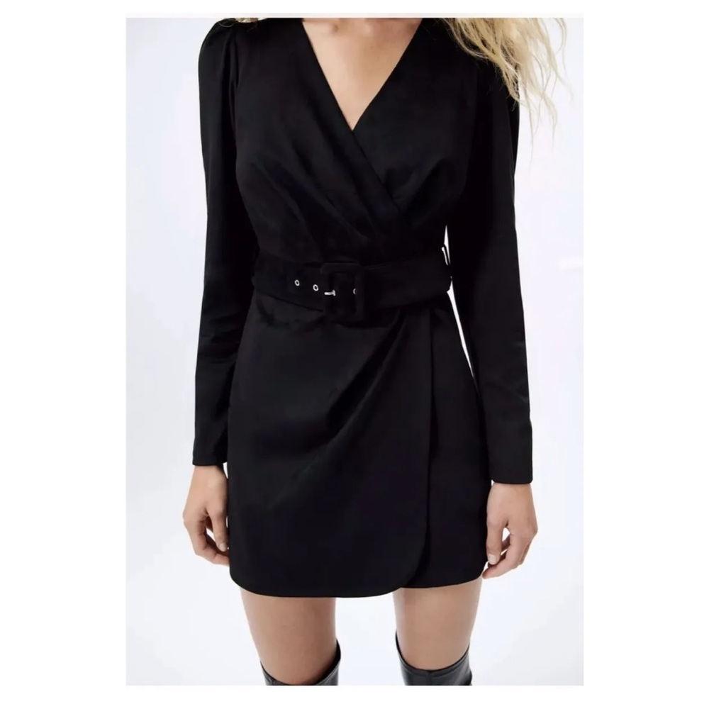 ZARA BLACK WRAP STYLE FAUX SUEDE DRESS WITH BELT SIZE S